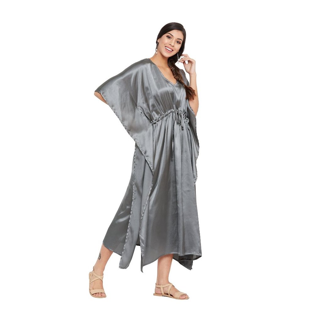 Womens Gray Night Dress with Sleeve Comfortable Silky Soft Kaftan Ladies Nighty - Picture 4 of 7